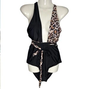 SEASELFIE Wrap Tie Leopard One-piece Swimsuit Backless Monokini Swimwear Beach